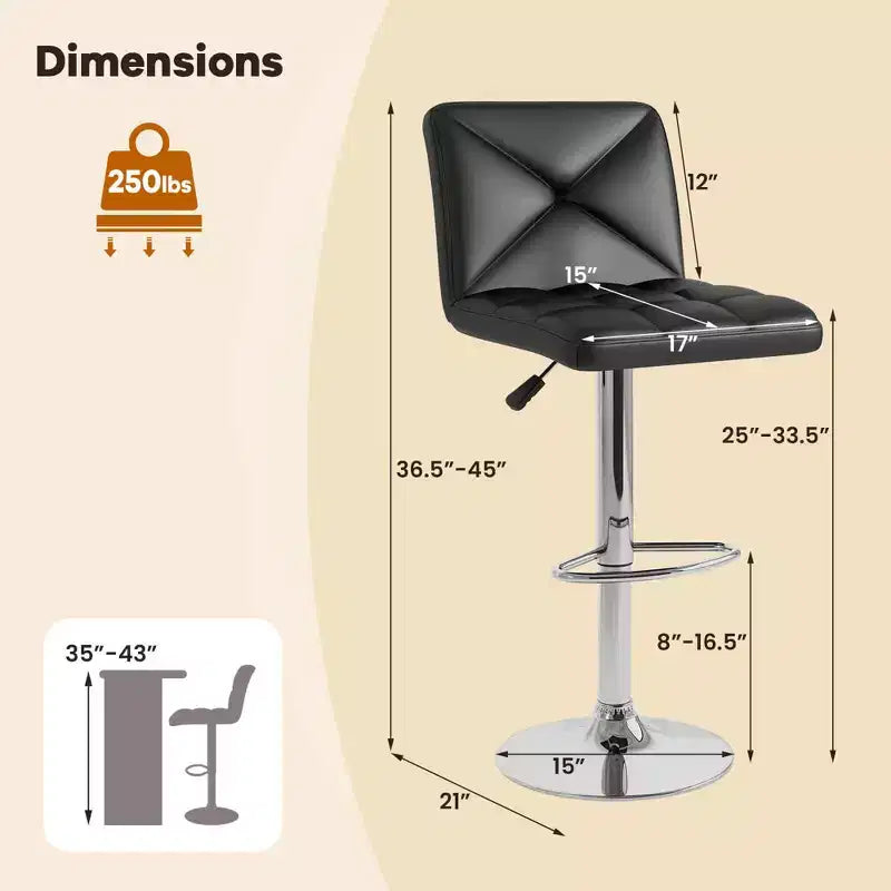 Costway Modern Bar Stools Set of 2 PU Leather Upholstered Swivel Counter Stools with Back Black/Brown/White