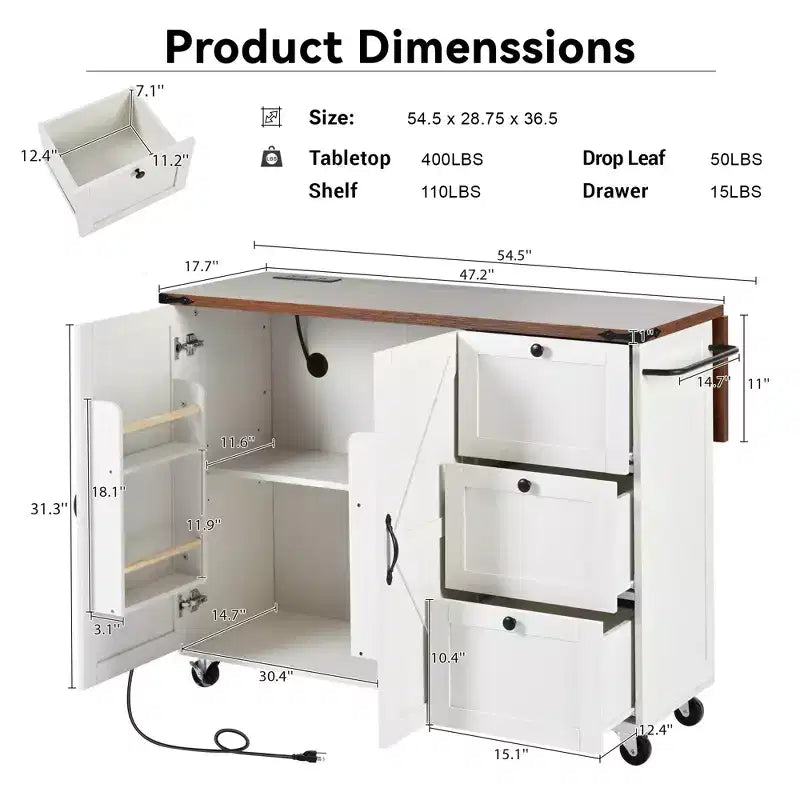 Whisen Farmhouse Style Kitchen Cart Island with Drop Leaf and Locking Wheels