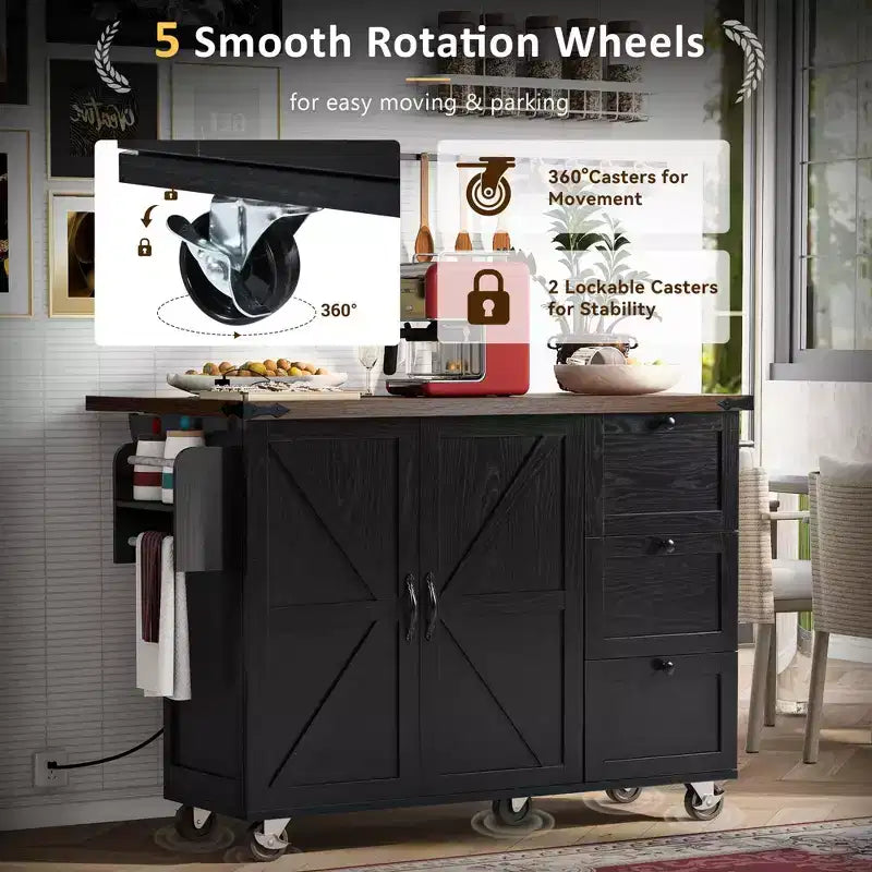 Whisen Farmhouse Style Kitchen Cart Island with Drop Leaf and Locking Wheels