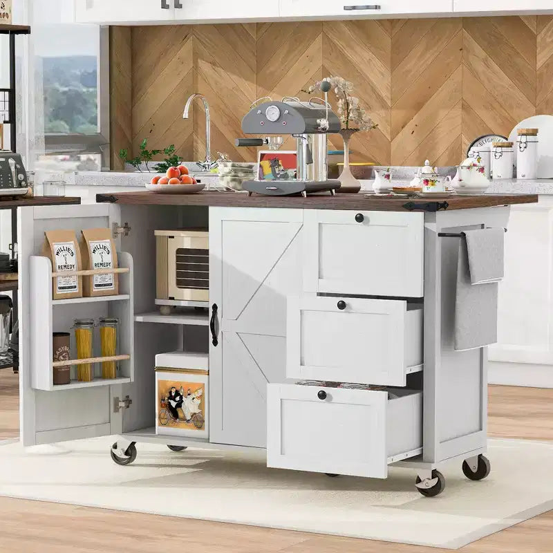 Whisen Farmhouse Style Kitchen Cart Island with Drop Leaf and Locking Wheels