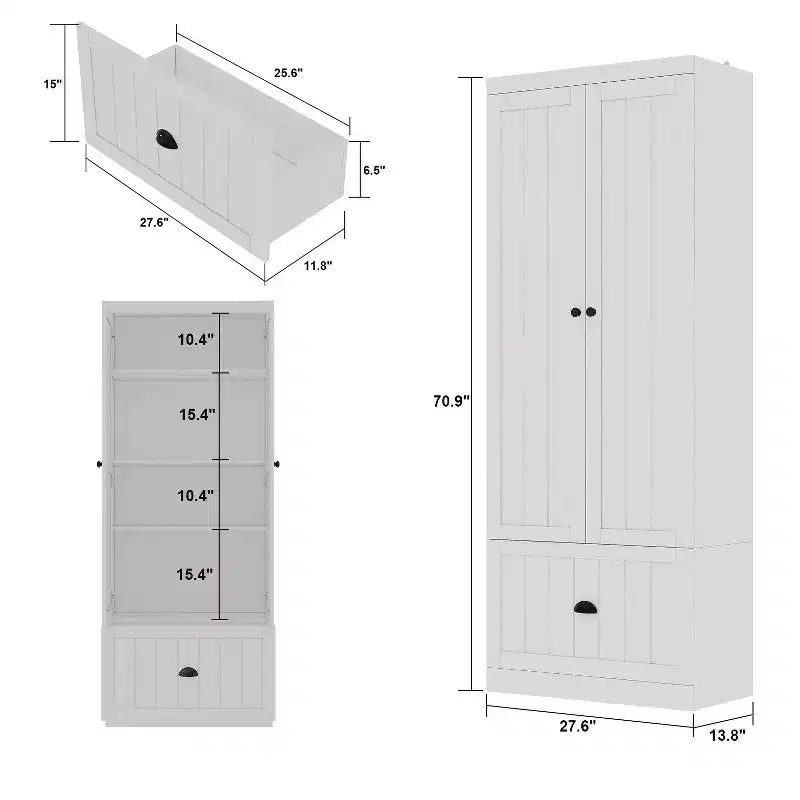 Hitow White Wardrobe Double Door Single Drawer 4 Levels of Storage