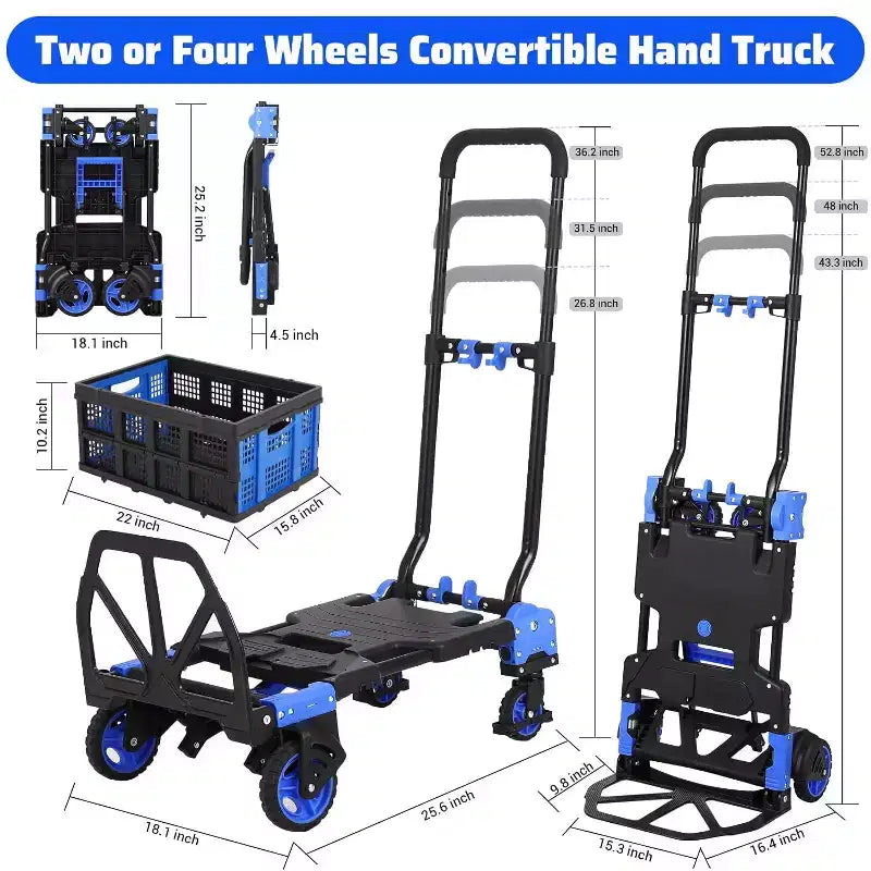 2 in 1 Folding Hand Truck Dolly, Convertible Hand Truck with Foldable Basket, Portable Dolly Cart