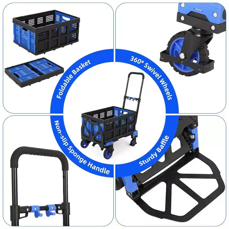 2 in 1 Folding Hand Truck Dolly, Convertible Hand Truck with Foldable Basket, Portable Dolly Cart