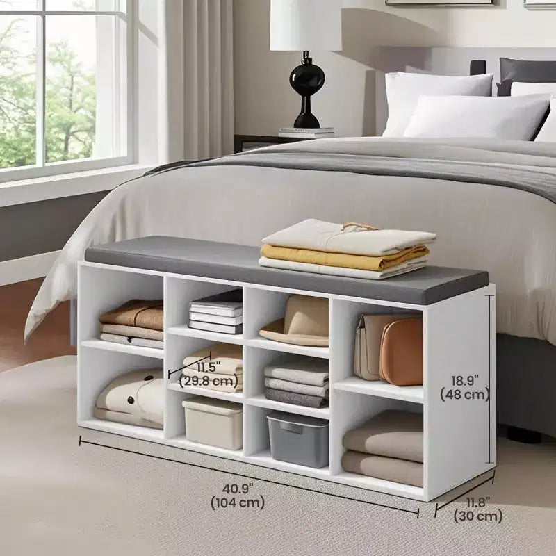Stylish Shoe Bench with Cushioned Seat and 10 Compartments - Versatile Storage Solution for Entryway and Bedroom