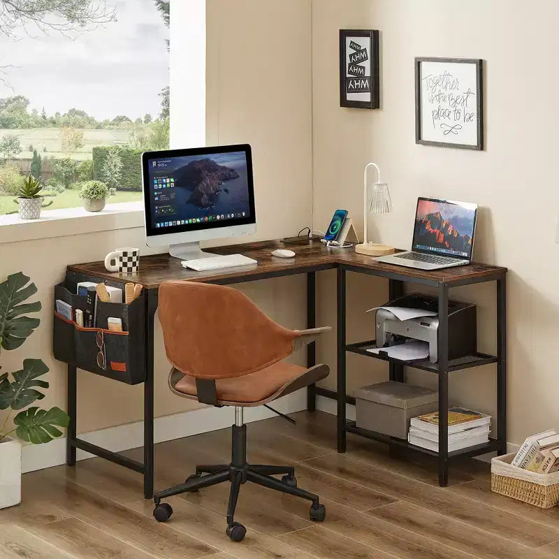 VECELO L Shaped Computer Desk Industrial Corner Gaming Desk with 2-Tier Open Shelf and Storage Pocket Brown