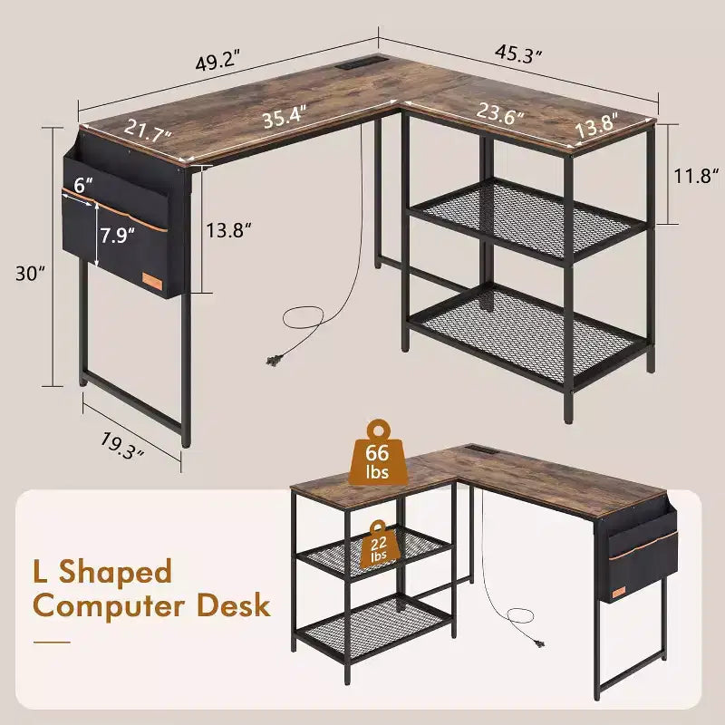 VECELO L Shaped Computer Desk Industrial Corner Gaming Desk with 2-Tier Open Shelf and Storage Pocket Brown