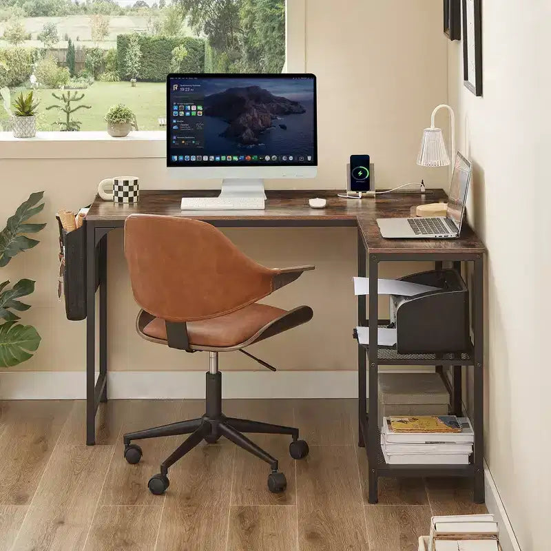 VECELO L Shaped Computer Desk Industrial Corner Gaming Desk with 2-Tier Open Shelf and Storage Pocket Brown