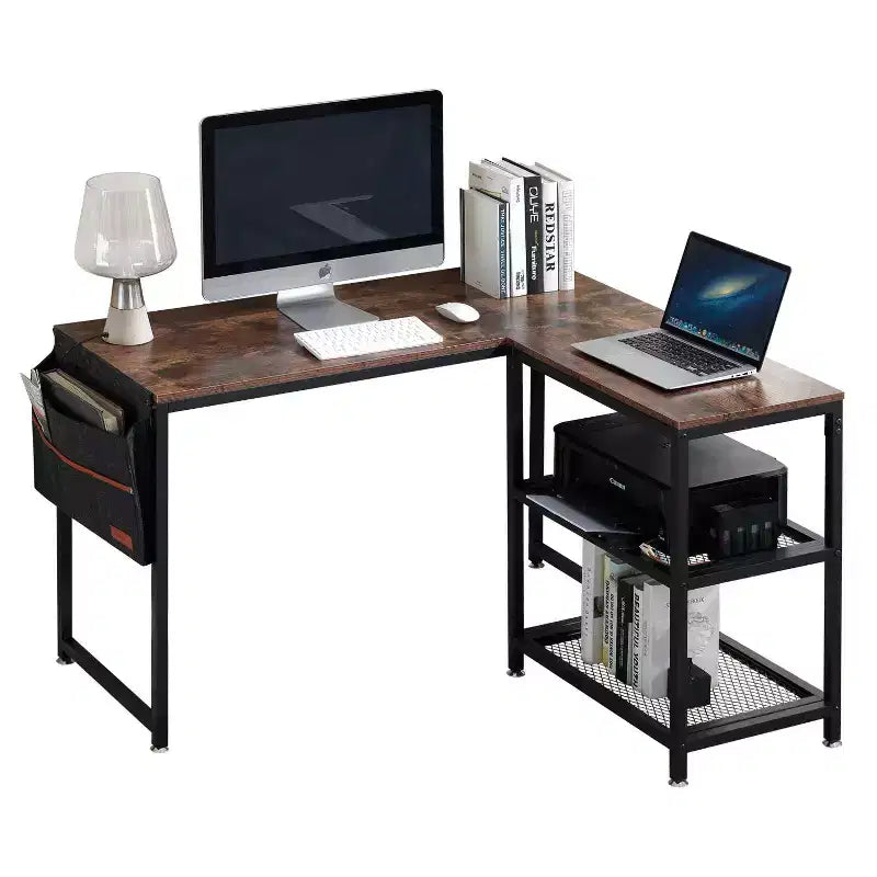 VECELO L Shaped Computer Desk Industrial Corner Gaming Desk with 2-Tier Open Shelf and Storage Pocket Brown