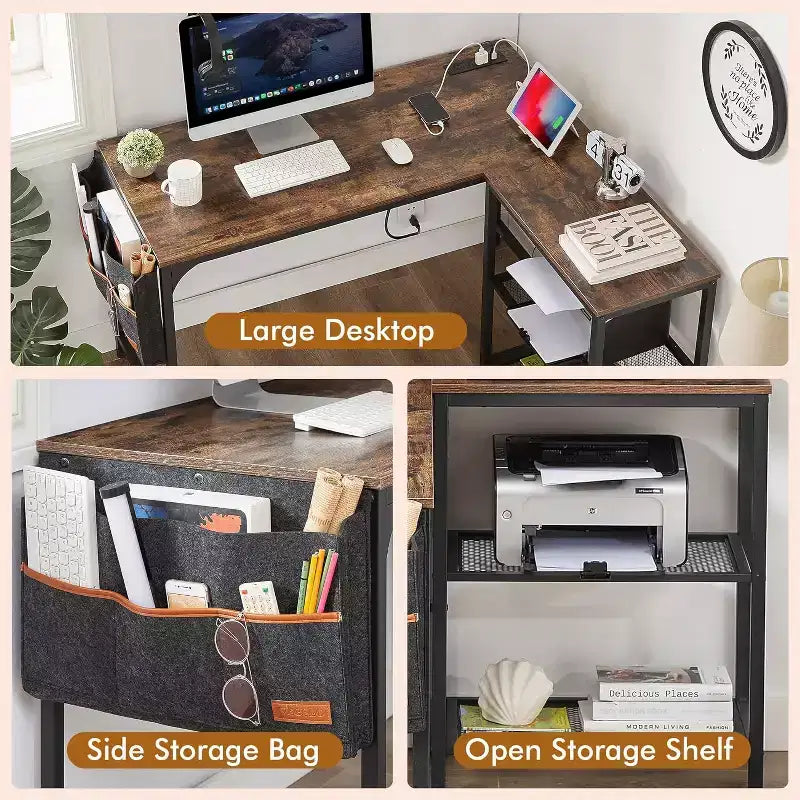 VECELO L Shaped Computer Desk Industrial Corner Gaming Desk with 2-Tier Open Shelf and Storage Pocket Brown