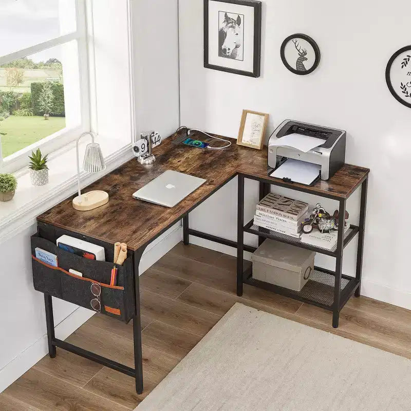 VECELO L Shaped Computer Desk Industrial Corner Gaming Desk with 2-Tier Open Shelf and Storage Pocket Brown