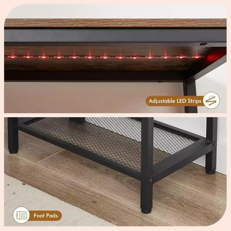 VECELO L Shaped Computer Desk Industrial Corner Gaming Desk with 2-Tier Open Shelf and Storage Pocket Brown