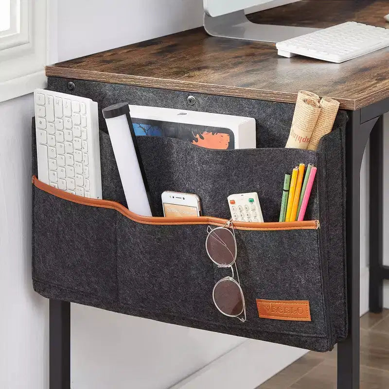 VECELO L Shaped Computer Desk Industrial Corner Gaming Desk with 2-Tier Open Shelf and Storage Pocket Brown