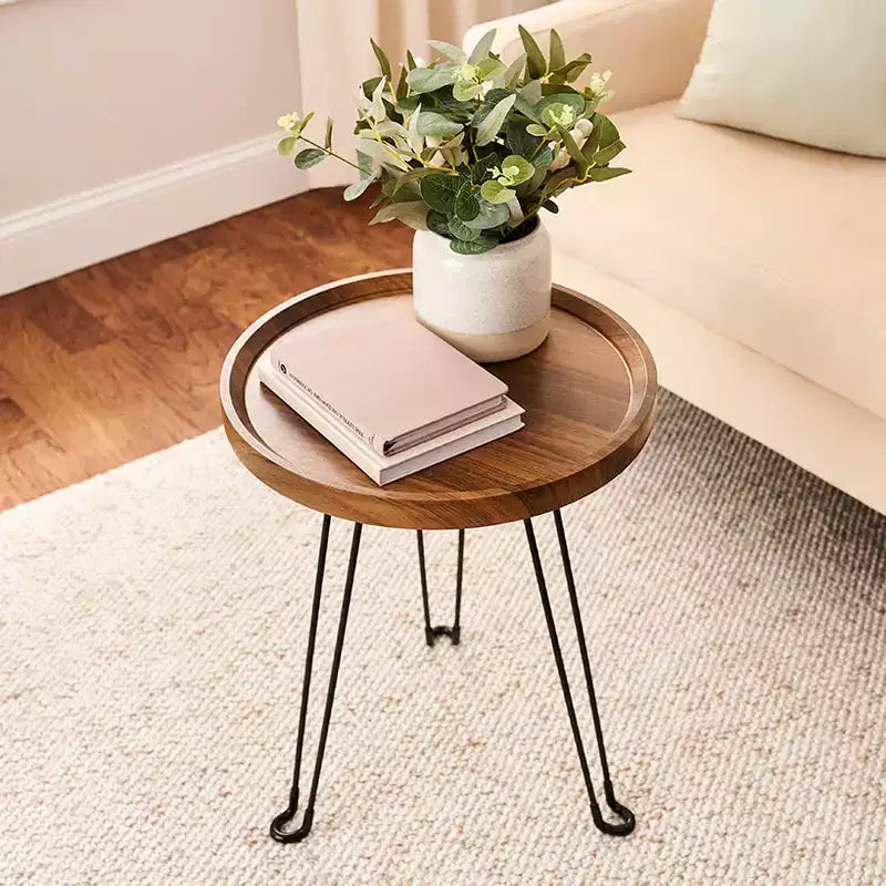 The Lakeside Collection Round Wooden Side Table with Metal Foldable Legs - 15D -