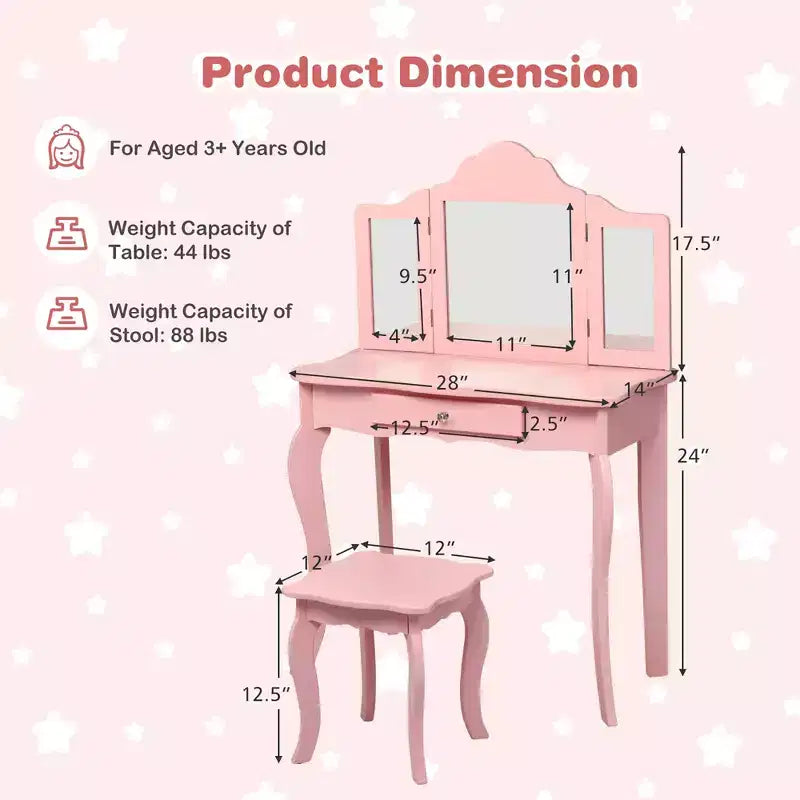 Costway Kids Vanity Table & Stool Princess Dressing Make Up Play Set for Girls White/Pink