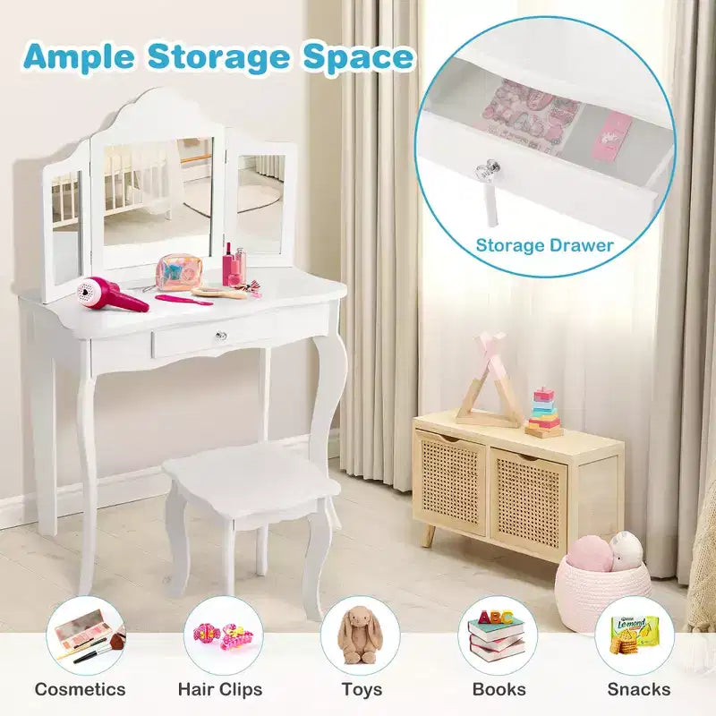 Costway Kids Vanity Table & Stool Princess Dressing Make Up Play Set for Girls White/Pink