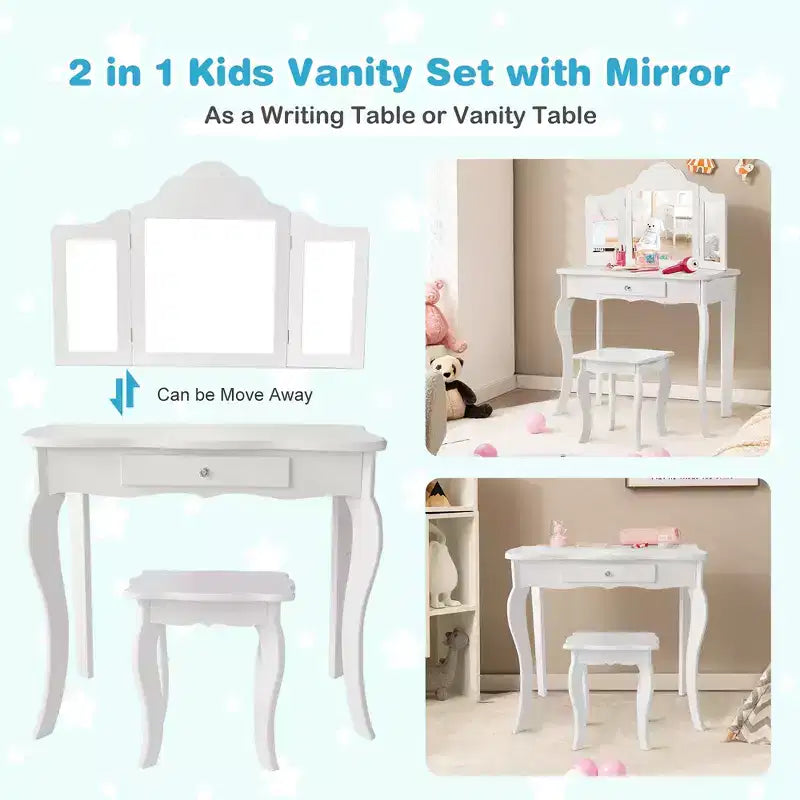 Costway Kids Vanity Table & Stool Princess Dressing Make Up Play Set for Girls White/Pink