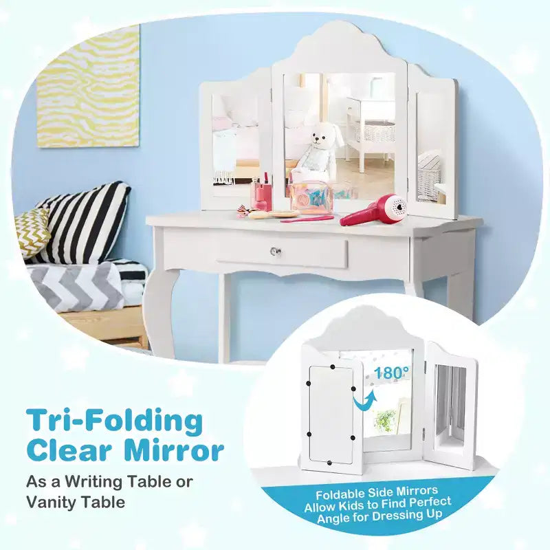 Costway Kids Vanity Table & Stool Princess Dressing Make Up Play Set for Girls White/Pink