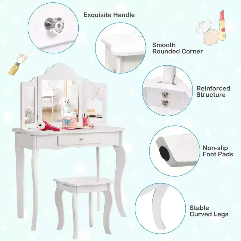 Costway Kids Vanity Table & Stool Princess Dressing Make Up Play Set for Girls White/Pink
