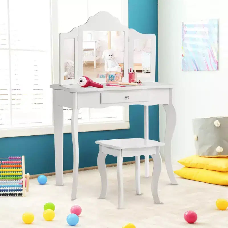 Costway Kids Vanity Table & Stool Princess Dressing Make Up Play Set for Girls White/Pink