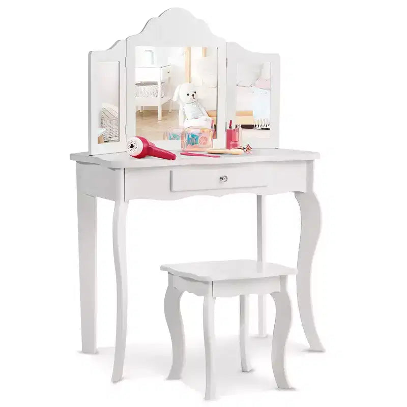 Costway Kids Vanity Table & Stool Princess Dressing Make Up Play Set for Girls White/Pink