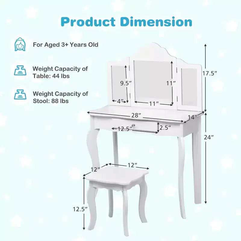 Costway Kids Vanity Table & Stool Princess Dressing Make Up Play Set for Girls White/Pink