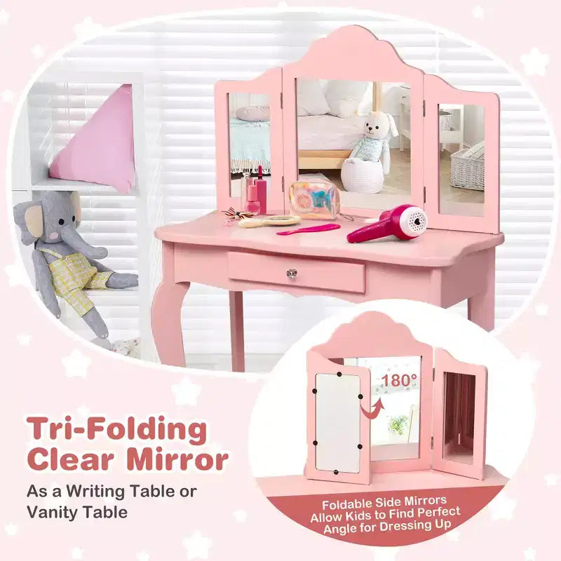 Costway Kids Vanity Table & Stool Princess Dressing Make Up Play Set for Girls White/Pink