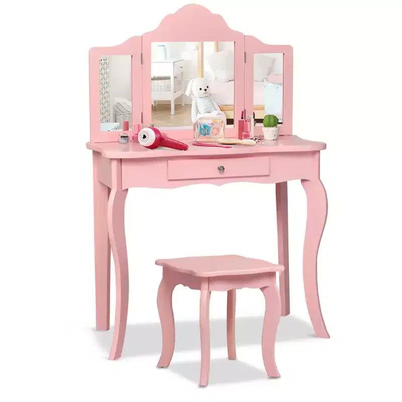 Costway Kids Vanity Table & Stool Princess Dressing Make Up Play Set for Girls White/Pink