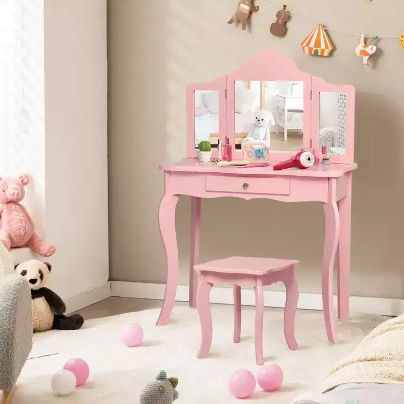 Costway Kids Vanity Table & Stool Princess Dressing Make Up Play Set for Girls White/Pink