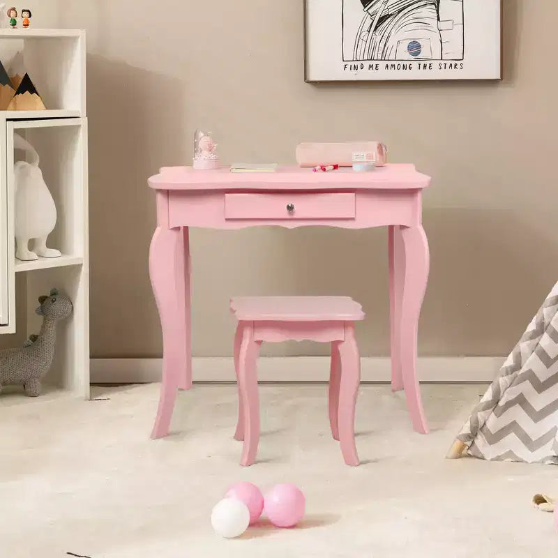 Costway Kids Vanity Table & Stool Princess Dressing Make Up Play Set for Girls White/Pink