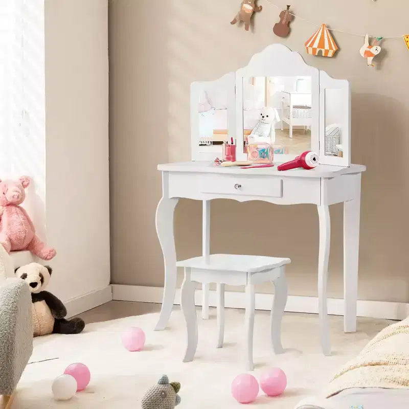 Costway Kids Vanity Table & Stool Princess Dressing Make Up Play Set for Girls White/Pink