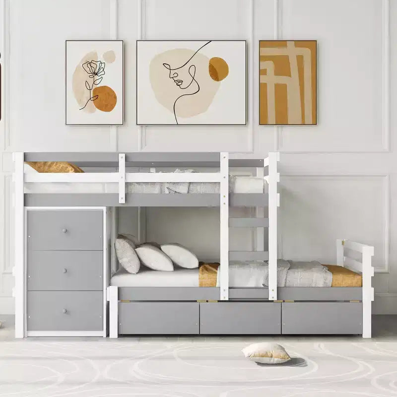 Twin over Twin Wooden Bunk Bed Frame with Drawers and Ladder -ModernLuxe