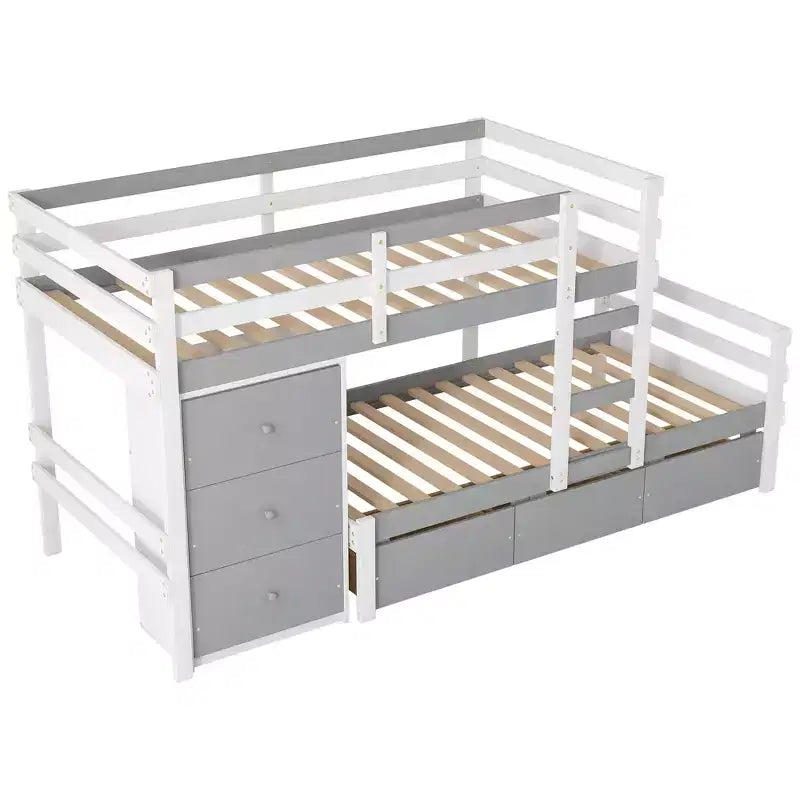 Twin over Twin Wooden Bunk Bed Frame with Drawers and Ladder -ModernLuxe