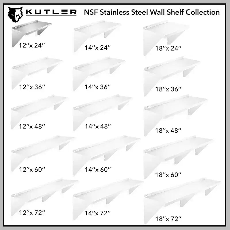 KUTLER Stainless Steel Shelf, NSF Commercial Wall Mount Shelves w/ Backsplash, Floating Metal Mounted Shelving for Restaurant, Kitchen, Home