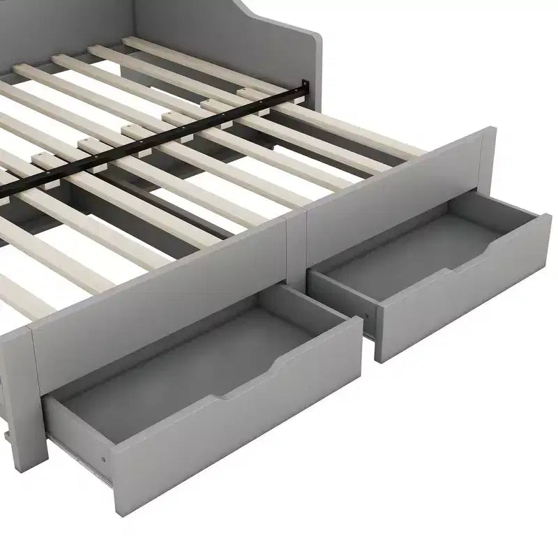 Twin to King Size Daybed with USB Ports, Storage Bookcases and Two Drawers, White/Gray-ModernLuxe