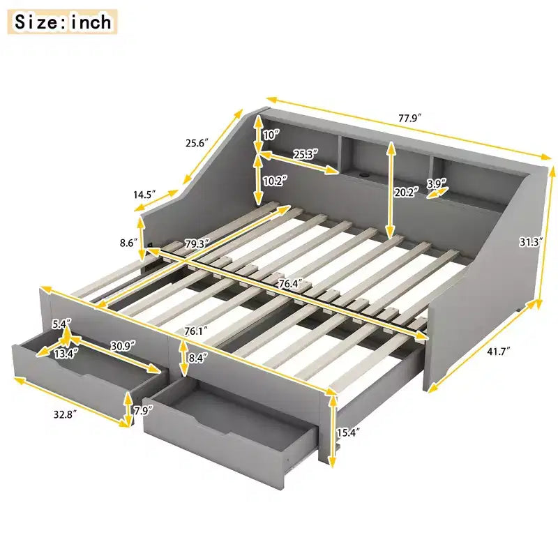 Twin to King Size Daybed with USB Ports, Storage Bookcases and Two Drawers, White/Gray-ModernLuxe