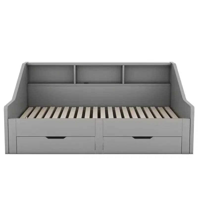 Twin to King Size Daybed with USB Ports, Storage Bookcases and Two Drawers, White/Gray-ModernLuxe