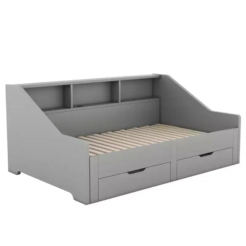 Twin to King Size Daybed with USB Ports, Storage Bookcases and Two Drawers, White/Gray-ModernLuxe