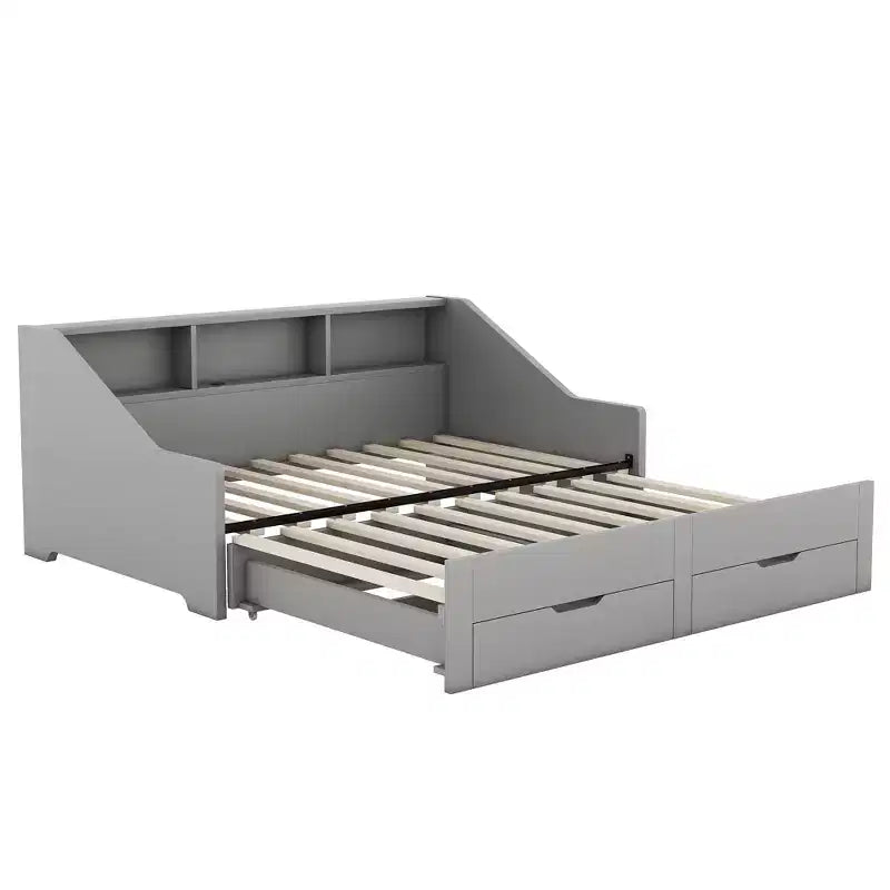 Twin to King Size Daybed with USB Ports, Storage Bookcases and Two Drawers, White/Gray-ModernLuxe