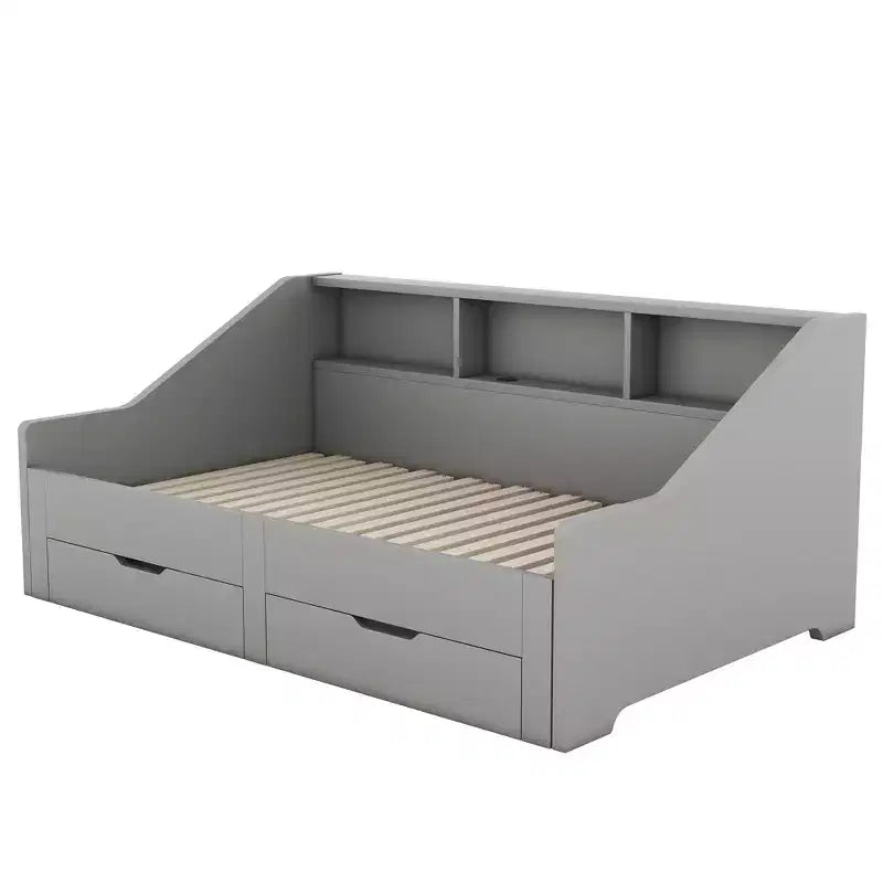 Twin to King Size Daybed with USB Ports, Storage Bookcases and Two Drawers, White/Gray-ModernLuxe
