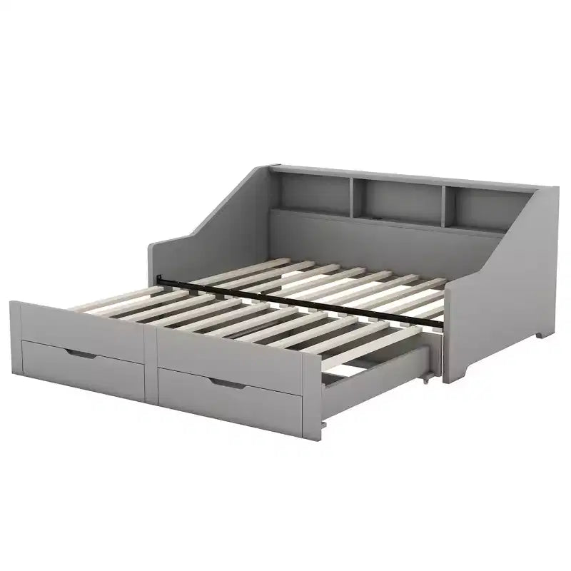Twin to King Size Daybed with USB Ports, Storage Bookcases and Two Drawers, White/Gray-ModernLuxe