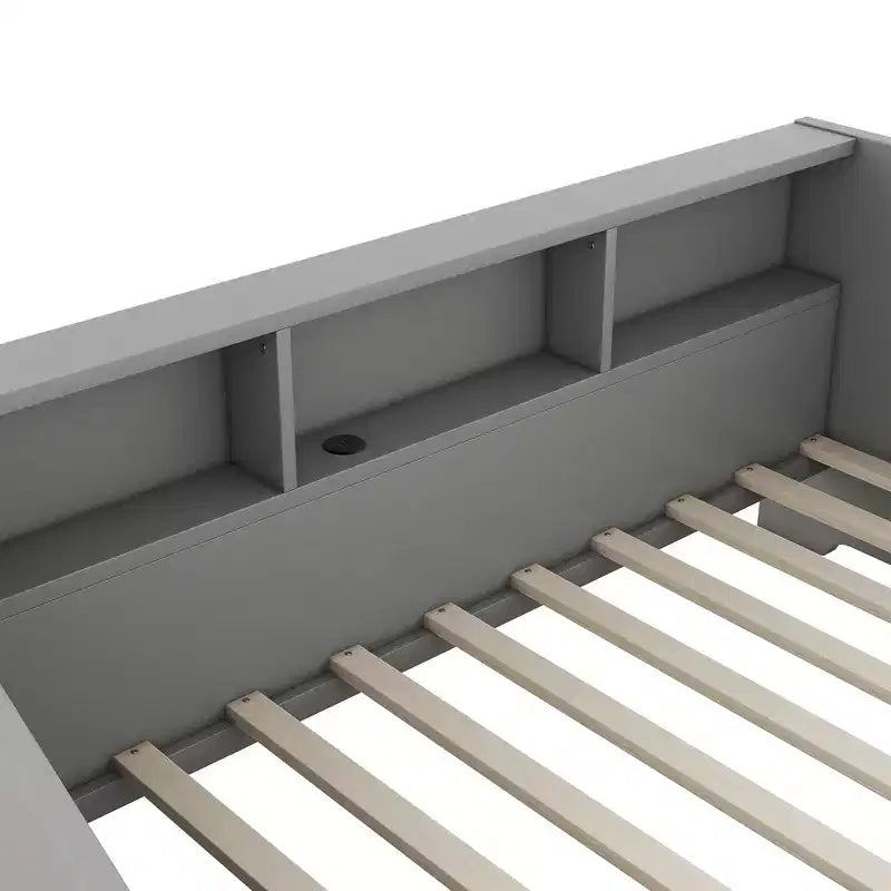 Twin to King Size Daybed with USB Ports, Storage Bookcases and Two Drawers, White/Gray-ModernLuxe