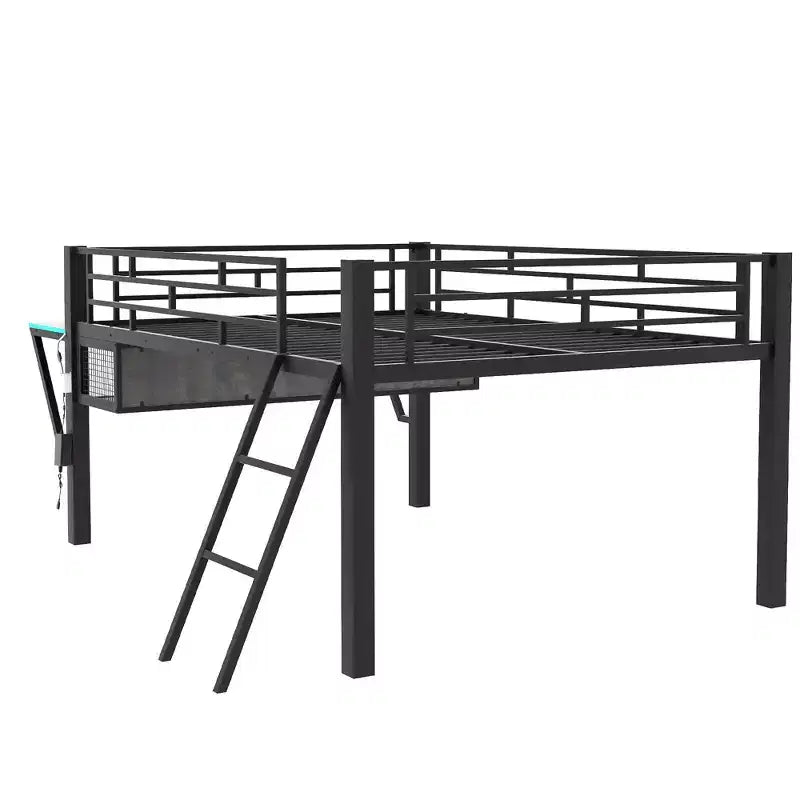 Whisen 92.8''L x 41.7''W Gaming Style Black Metal Loft Bed with Built in Desk, Ladder and Shelf