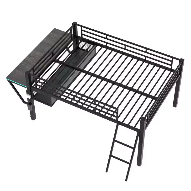 Whisen 92.8''L x 41.7''W Gaming Style Black Metal Loft Bed with Built in Desk, Ladder and Shelf