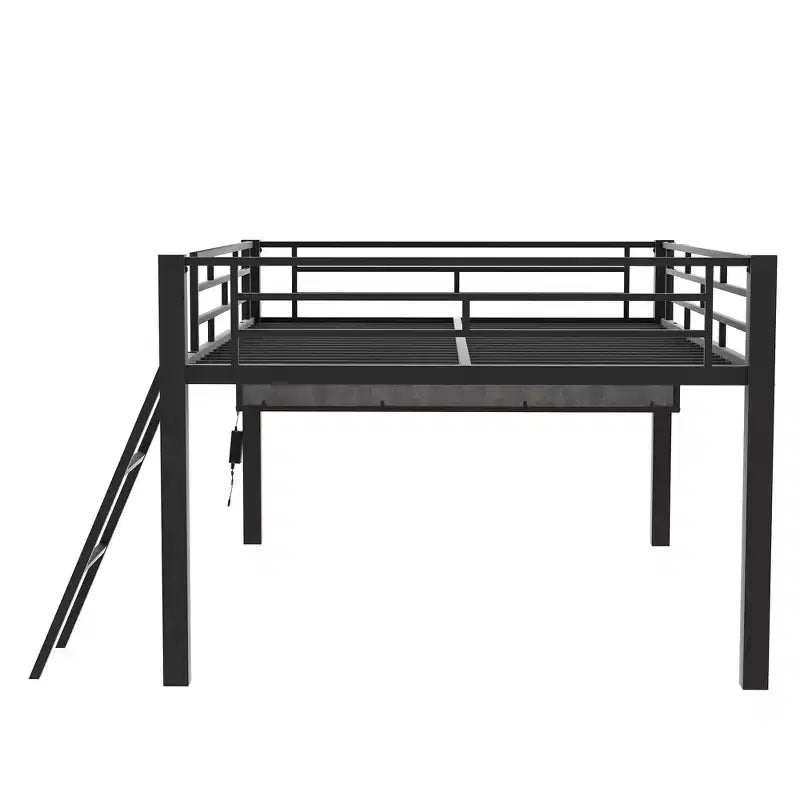 Whisen 92.8''L x 41.7''W Gaming Style Black Metal Loft Bed with Built in Desk, Ladder and Shelf
