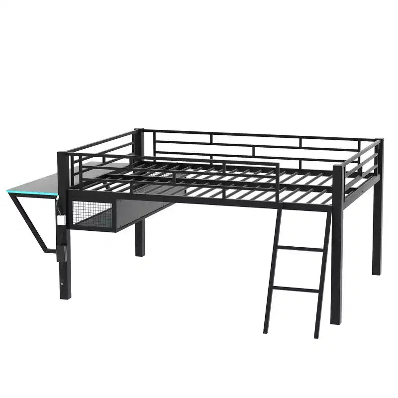 Whisen 92.8''L x 41.7''W Gaming Style Black Metal Loft Bed with Built in Desk, Ladder and Shelf