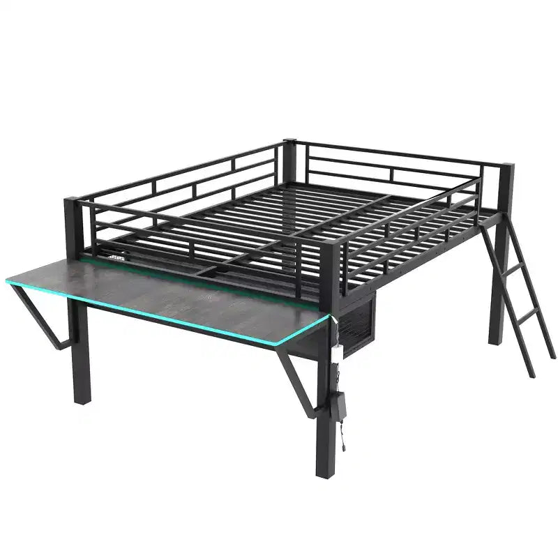 Whisen 92.8''L x 41.7''W Gaming Style Black Metal Loft Bed with Built in Desk, Ladder and Shelf