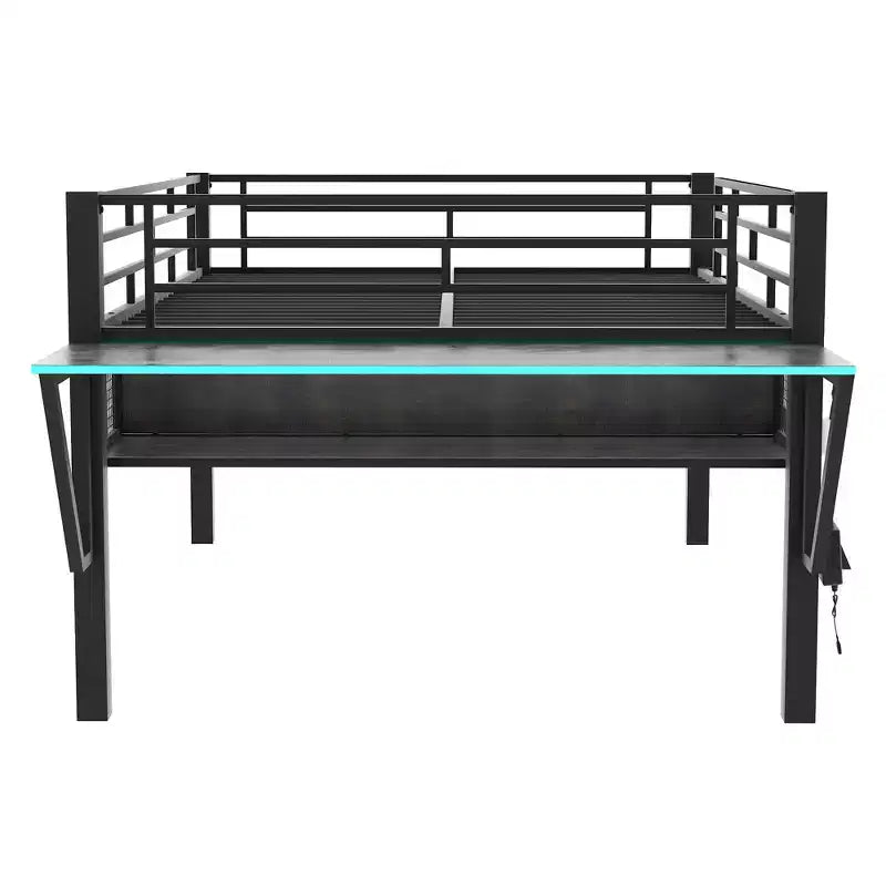 Whisen 92.8''L x 41.7''W Gaming Style Black Metal Loft Bed with Built in Desk, Ladder and Shelf