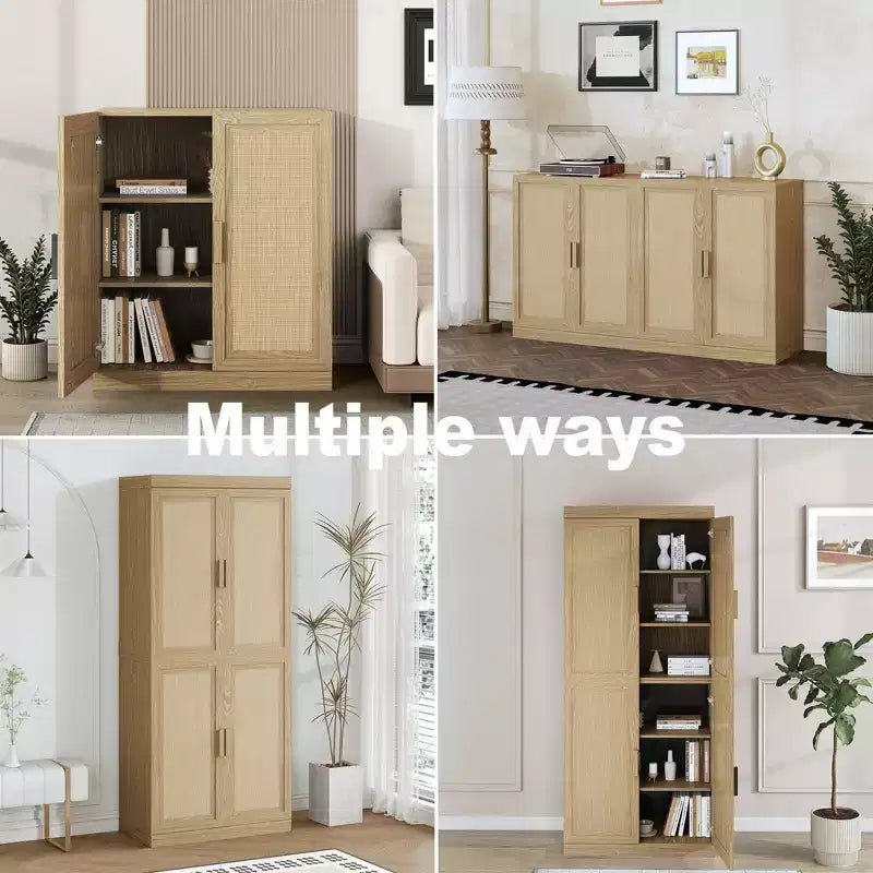 PexFix 36x31x16 Rattan Wood Accent Cabinet with Adjustable Shelf Storage Cabinet Natural
