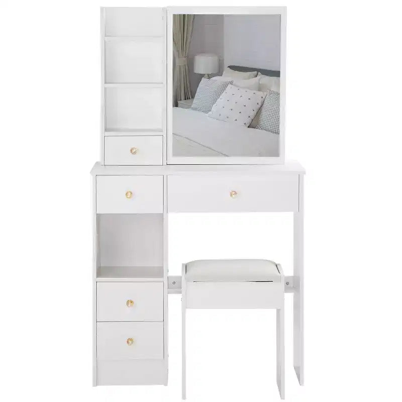 Small Size Left Drawer Desktop Dressing Dressing Table + Cushioned Stool, Extra Large Sliding Mirror