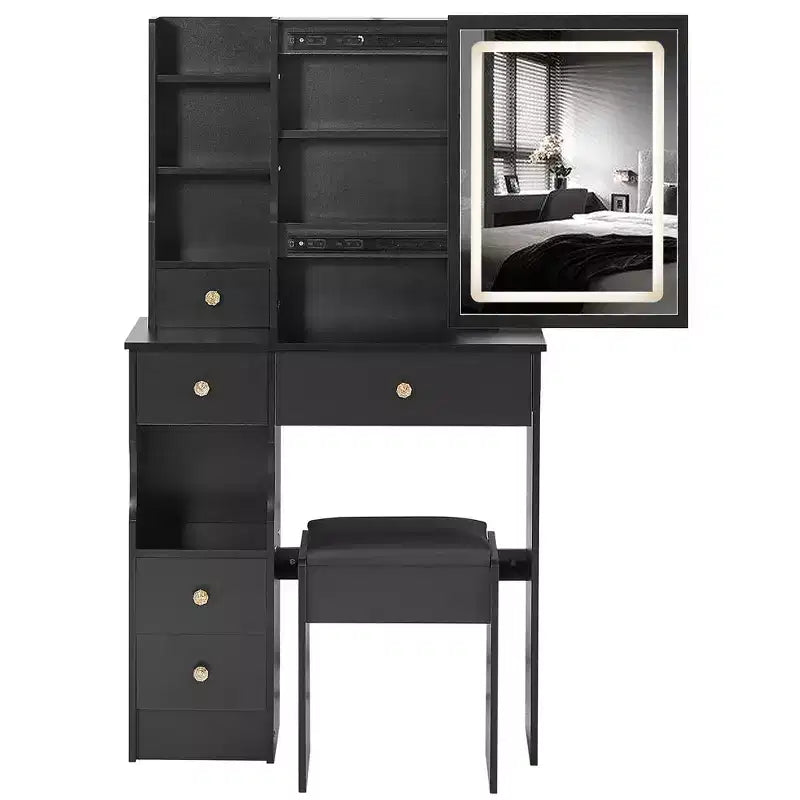 Small Size Left Drawer Desktop Dressing Dressing Table + Cushioned Stool, Extra Large Sliding Mirror